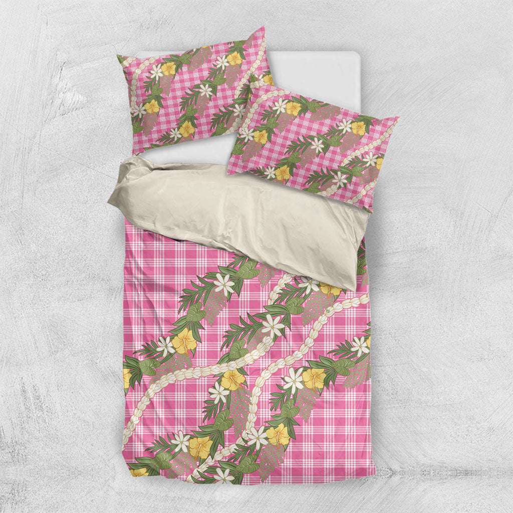 Aloha Puakenikeni Anthurium Pikake Lei Bedding Set Tropical Pink Hawaiian Palaka Pattern