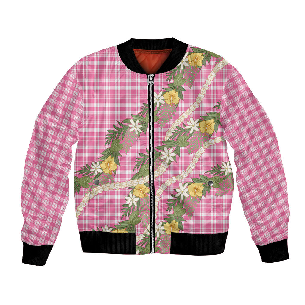 Aloha Puakenikeni Anthurium Pikake Lei Bomber Jacket Tropical Pink Hawaiian Palaka Pattern LT9 Unisex Pink - Polynesian Pride