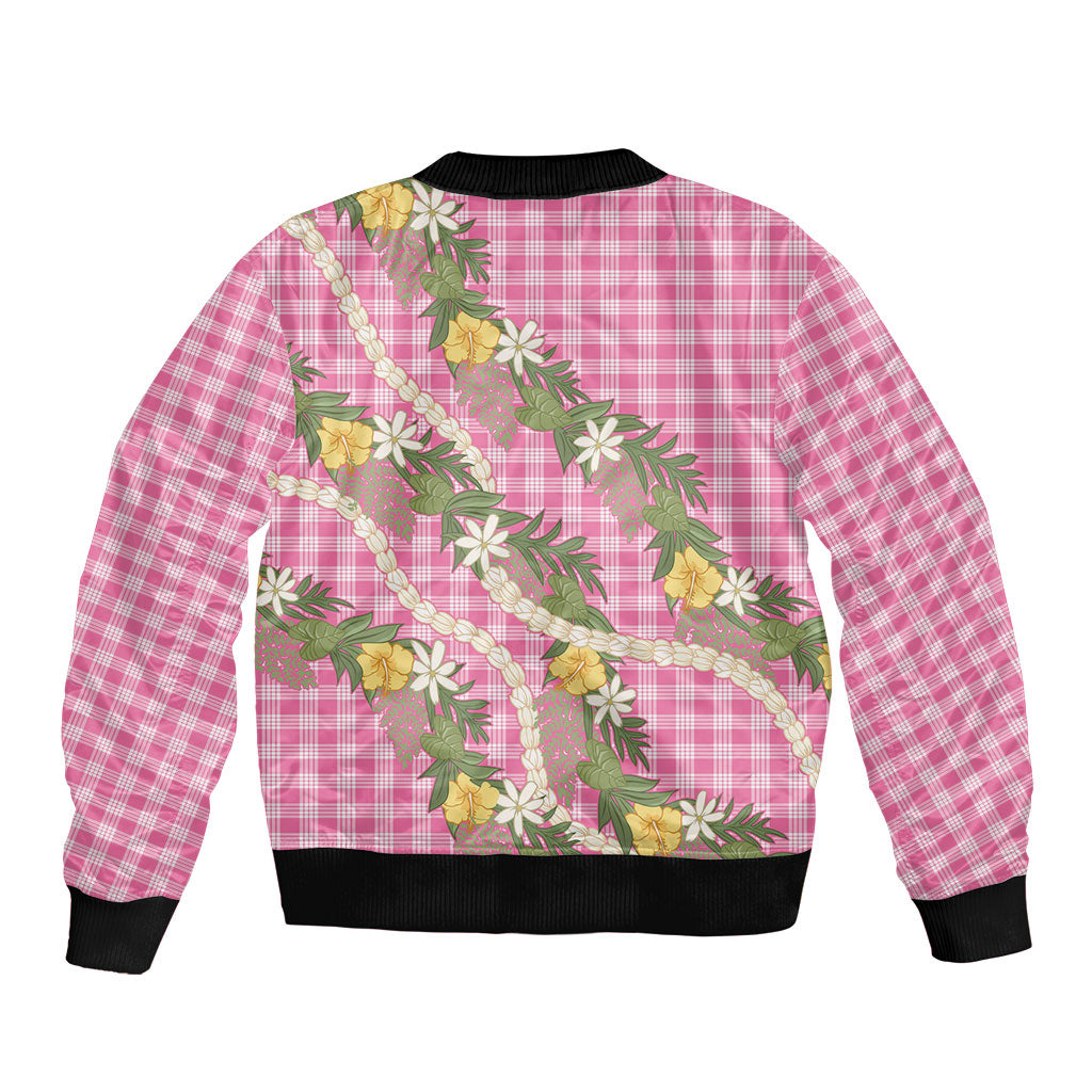 Aloha Puakenikeni Anthurium Pikake Lei Bomber Jacket Tropical Pink Hawaiian Palaka Pattern LT9 - Polynesian Pride