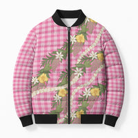 Aloha Puakenikeni Anthurium Pikake Lei Bomber Puffer Jacket Tropical Pink Hawaiian Palaka Pattern