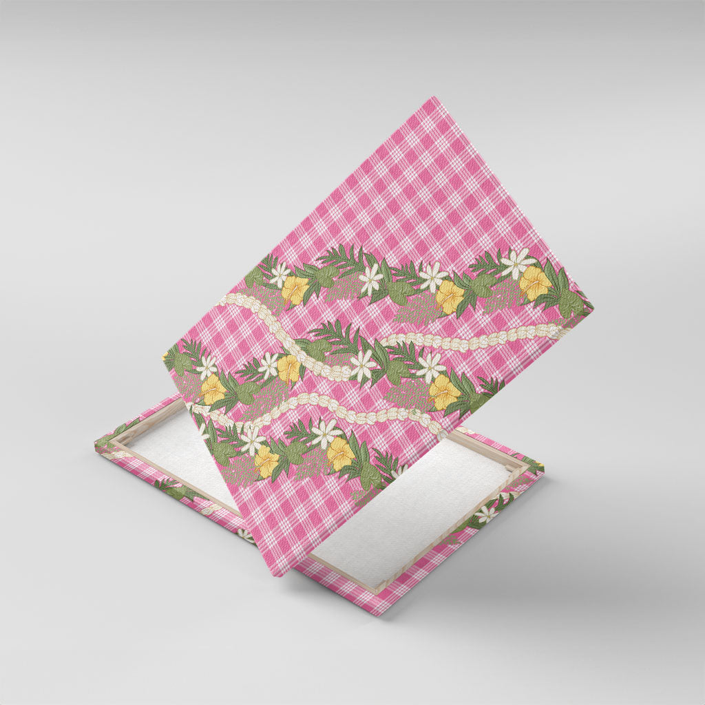 Aloha Puakenikeni Anthurium Pikake Lei Canvas Wall Art Tropical Pink Hawaiian Palaka Pattern