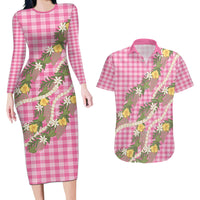 Aloha Puakenikeni Anthurium Pikake Lei Couples Matching Long Sleeve Bodycon Dress and Hawaiian Shirt Tropical Pink Hawaiian Palaka Pattern