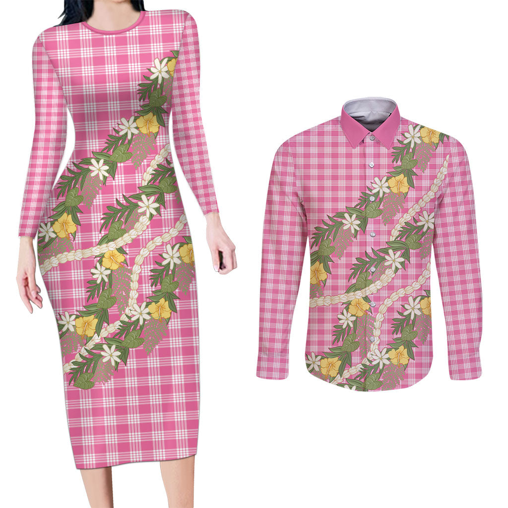 Aloha Puakenikeni Anthurium Pikake Lei Couples Matching Long Sleeve Bodycon Dress and Long Sleeve Button Shirt Tropical Pink Hawaiian Palaka Pattern LT9 Pink - Polynesian Pride