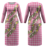 Aloha Puakenikeni Anthurium Pikake Lei Couples Matching Long Sleeve Bodycon Dress and Long Sleeve Button Shirt Tropical Pink Hawaiian Palaka Pattern LT9
