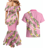 Aloha Puakenikeni Anthurium Pikake Lei Couples Matching Mermaid Dress and Hawaiian Shirt Tropical Pink Hawaiian Palaka Pattern