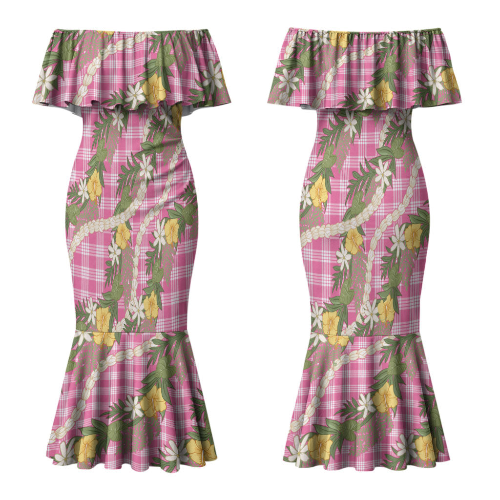 Aloha Puakenikeni Anthurium Pikake Lei Couples Matching Mermaid Dress and Long Sleeve Button Shirt Tropical Pink Hawaiian Palaka Pattern LT9