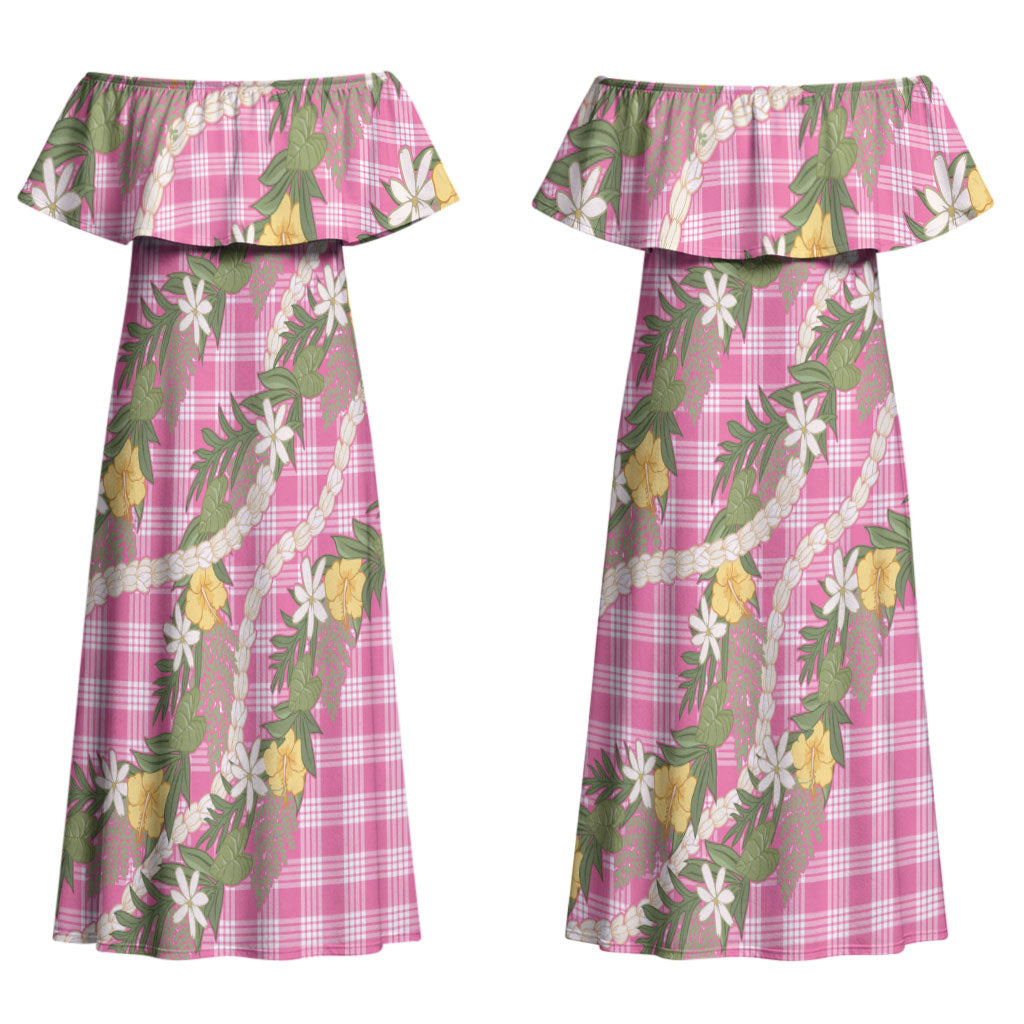 Aloha Puakenikeni Anthurium Pikake Lei Couples Matching Off Shoulder Maxi Dress and Long Sleeve Button Shirt Tropical Pink Hawaiian Palaka Pattern LT9
