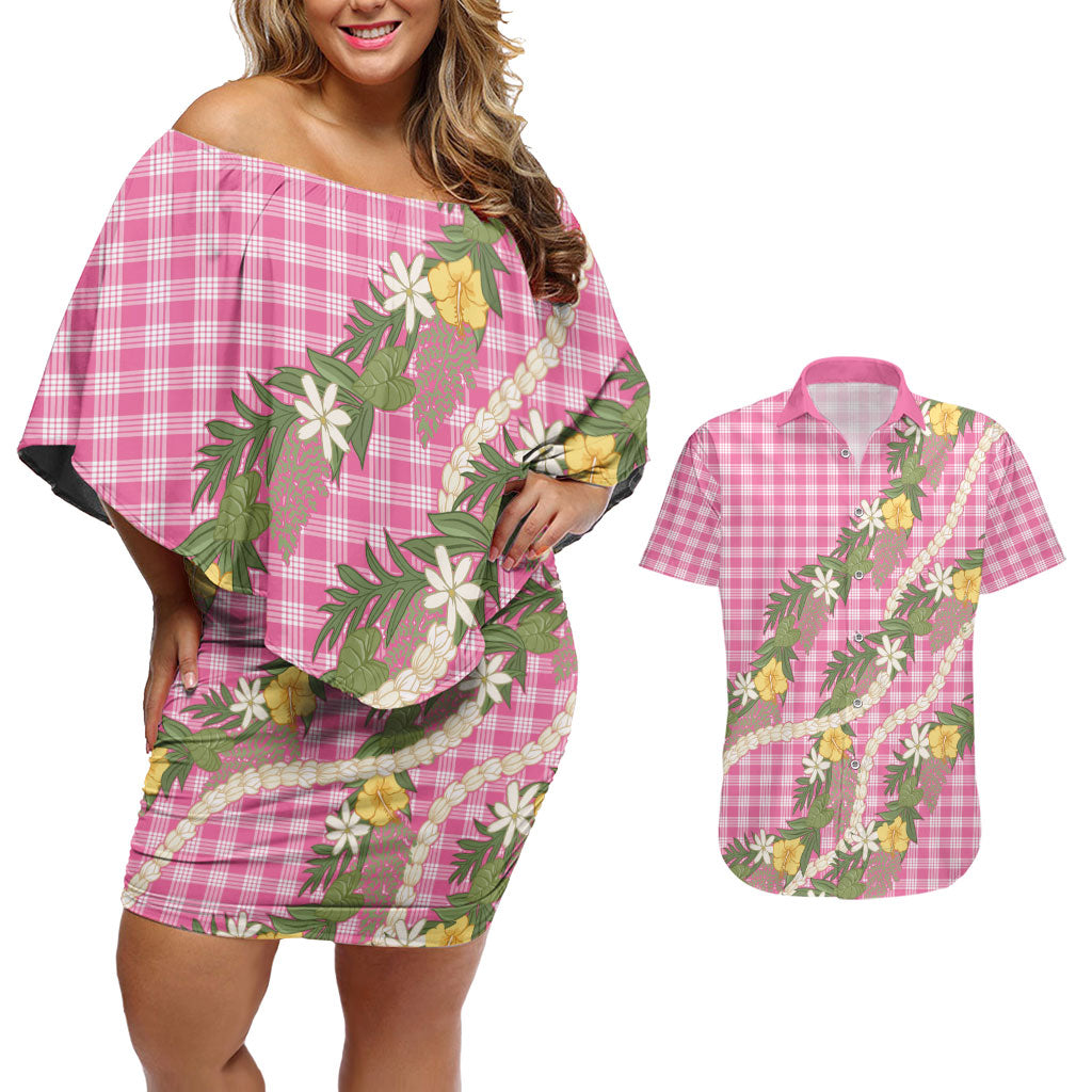 Aloha Puakenikeni Anthurium Pikake Lei Couples Matching Off Shoulder Short Dress and Hawaiian Shirt Tropical Pink Hawaiian Palaka Pattern LT9 Pink - Polynesian Pride