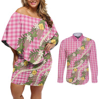 Aloha Puakenikeni Anthurium Pikake Lei Couples Matching Off Shoulder Short Dress and Long Sleeve Button Shirt Tropical Pink Hawaiian Palaka Pattern