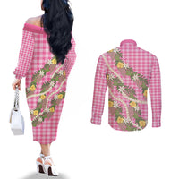 Aloha Puakenikeni Anthurium Pikake Lei Couples Matching Off The Shoulder Long Sleeve Dress and Long Sleeve Button Shirt Tropical Pink Hawaiian Palaka Pattern