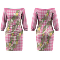 Aloha Puakenikeni Anthurium Pikake Lei Couples Matching Off The Shoulder Long Sleeve Dress and Long Sleeve Button Shirt Tropical Pink Hawaiian Palaka Pattern LT9