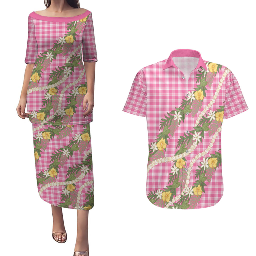 Aloha Puakenikeni Anthurium Pikake Lei Couples Matching Puletasi and Hawaiian Shirt Tropical Pink Hawaiian Palaka Pattern