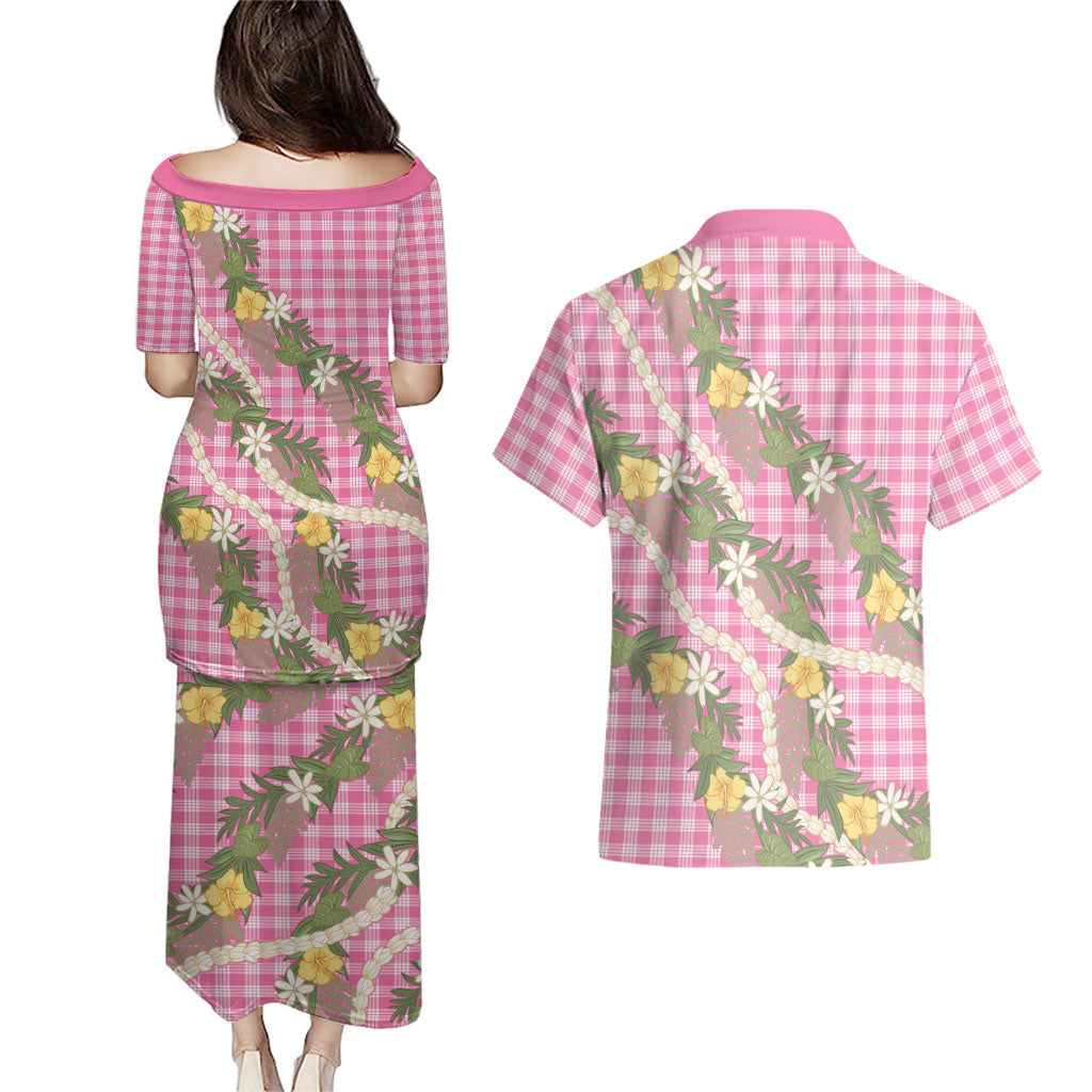 Aloha Puakenikeni Anthurium Pikake Lei Couples Matching Puletasi and Hawaiian Shirt Tropical Pink Hawaiian Palaka Pattern