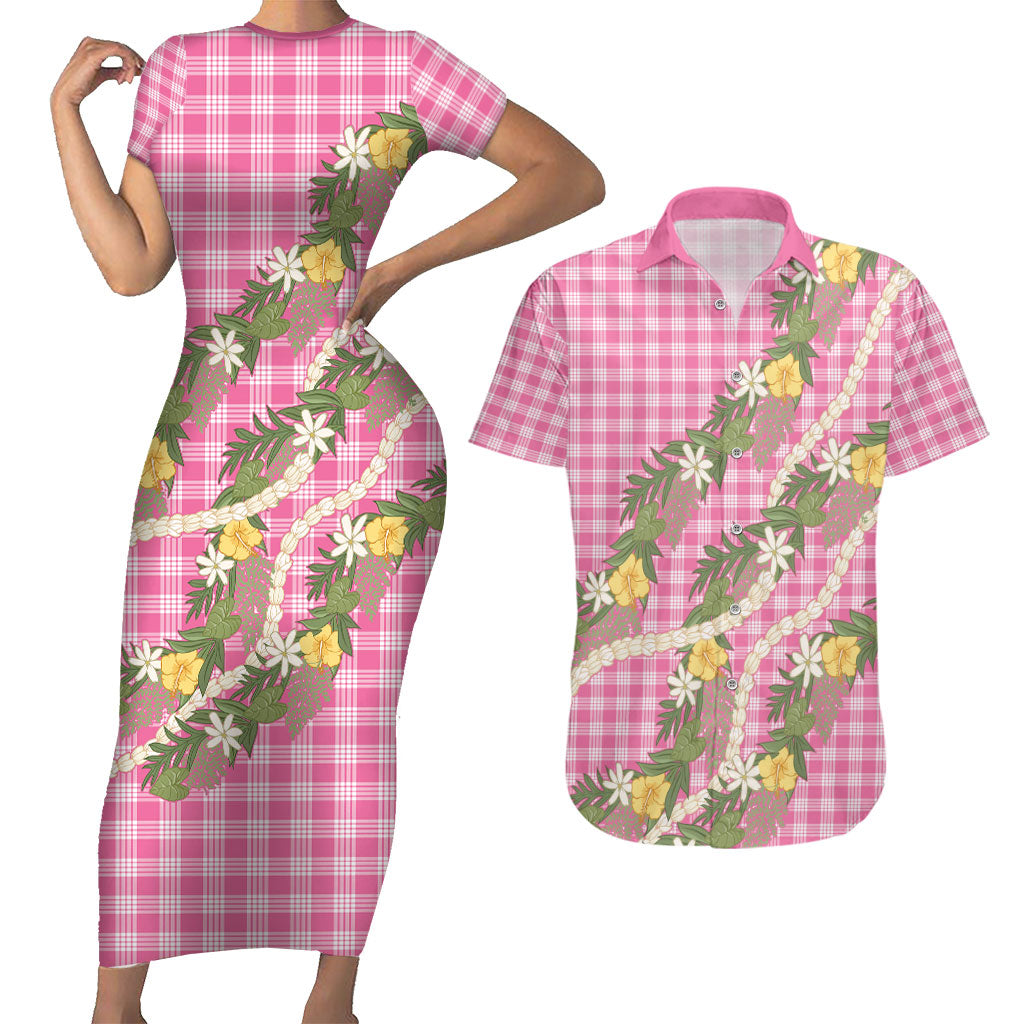 Aloha Puakenikeni Anthurium Pikake Lei Couples Matching Short Sleeve Bodycon Dress and Hawaiian Shirt Tropical Pink Hawaiian Palaka Pattern LT9 Pink - Polynesian Pride