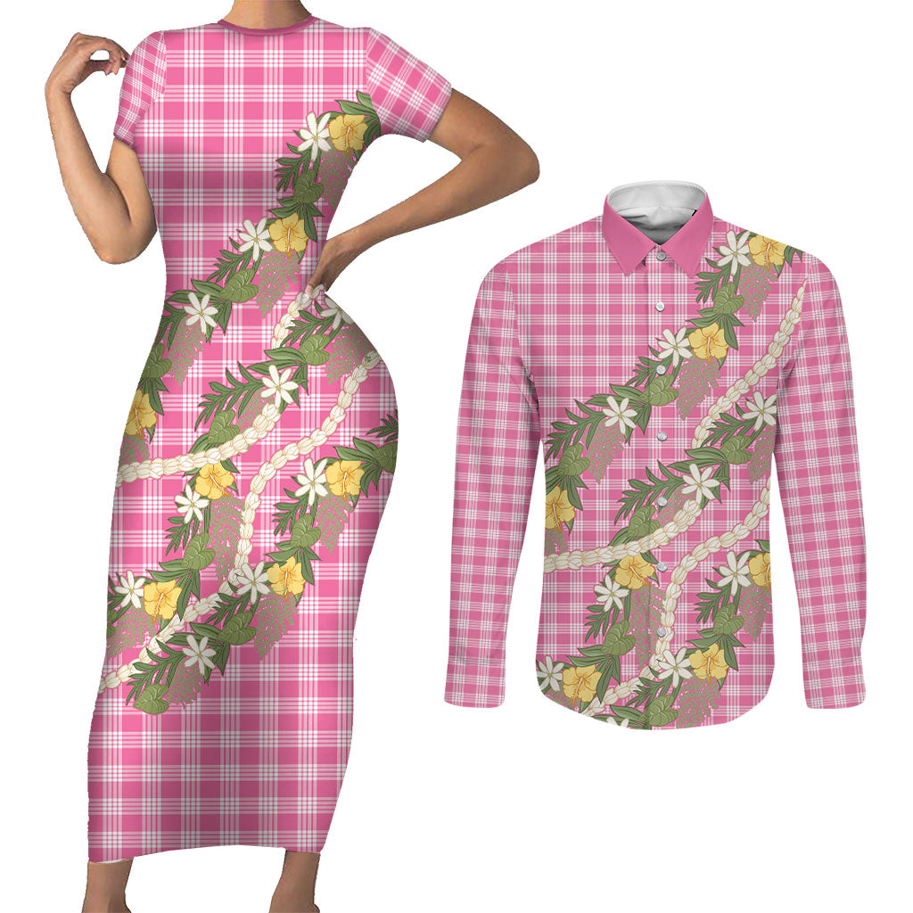 Aloha Puakenikeni Anthurium Pikake Lei Couples Matching Short Sleeve Bodycon Dress and Long Sleeve Button Shirt Tropical Pink Hawaiian Palaka Pattern LT9 Pink - Polynesian Pride
