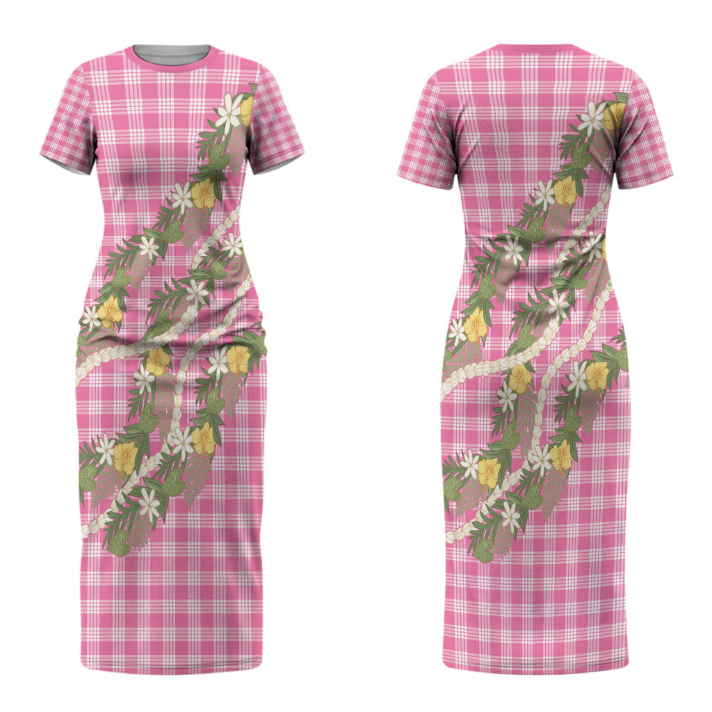 Aloha Puakenikeni Anthurium Pikake Lei Couples Matching Short Sleeve Bodycon Dress and Long Sleeve Button Shirt Tropical Pink Hawaiian Palaka Pattern LT9