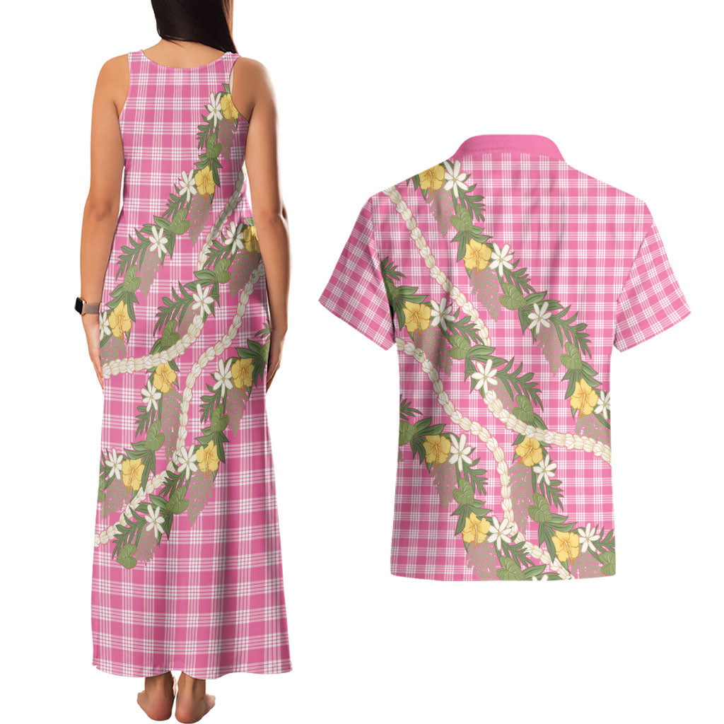 Aloha Puakenikeni Anthurium Pikake Lei Couples Matching Tank Maxi Dress and Hawaiian Shirt Tropical Pink Hawaiian Palaka Pattern