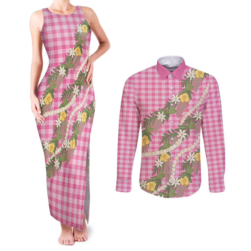 Aloha Puakenikeni Anthurium Pikake Lei Couples Matching Tank Maxi Dress and Long Sleeve Button Shirt Tropical Pink Hawaiian Palaka Pattern