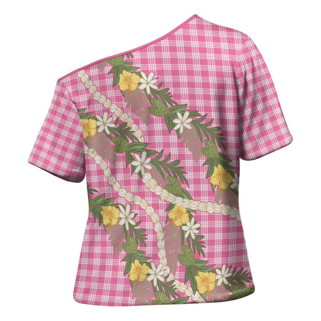 Aloha Puakenikeni Anthurium Pikake Lei Cross Shoulder Shirt Tropical Pink Hawaiian Palaka Pattern LT9 - Polynesian Pride