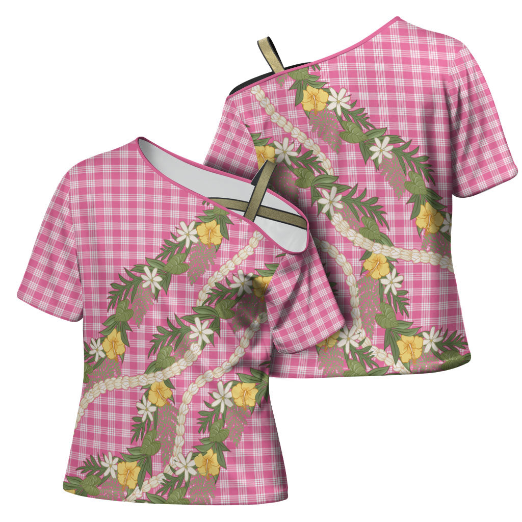 Aloha Puakenikeni Anthurium Pikake Lei Cross Shoulder Shirt Tropical Pink Hawaiian Palaka Pattern LT9 - Polynesian Pride