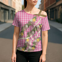 Aloha Puakenikeni Anthurium Pikake Lei Cross Shoulder Shirt Tropical Pink Hawaiian Palaka Pattern LT9 - Polynesian Pride