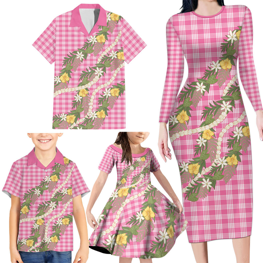 Aloha Puakenikeni Anthurium Pikake Lei Family Matching Long Sleeve Bodycon Dress and Hawaiian Shirt Tropical Pink Hawaiian Palaka Pattern LT9 - Polynesian Pride