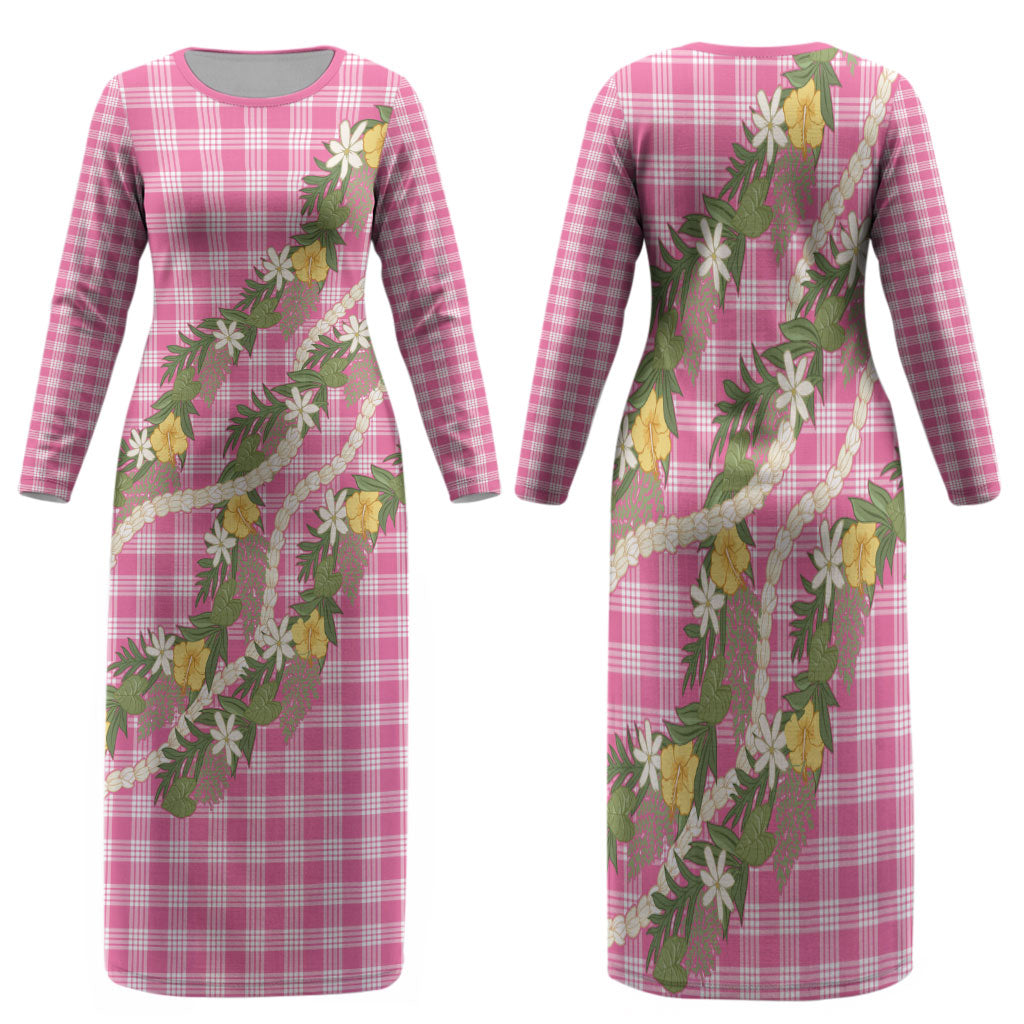 Aloha Puakenikeni Anthurium Pikake Lei Family Matching Long Sleeve Bodycon Dress and Hawaiian Shirt Tropical Pink Hawaiian Palaka Pattern LT9 - Polynesian Pride