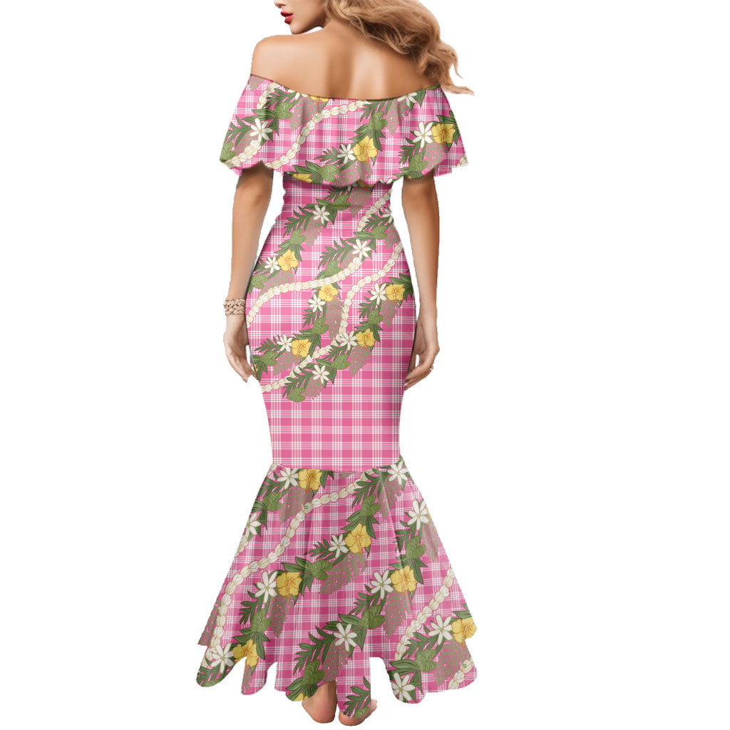 Aloha Puakenikeni Anthurium Pikake Lei Family Matching Mermaid Dress and Hawaiian Shirt Tropical Pink Hawaiian Palaka Pattern