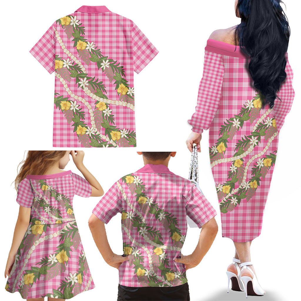 Aloha Puakenikeni Anthurium Pikake Lei Family Matching Off The Shoulder Long Sleeve Dress and Hawaiian Shirt Tropical Pink Hawaiian Palaka Pattern