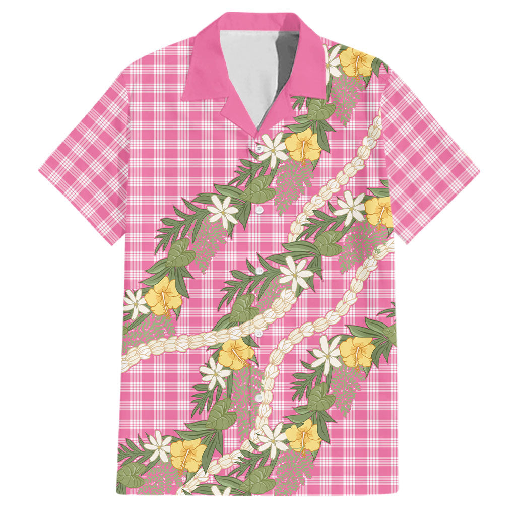 Aloha Puakenikeni Anthurium Pikake Lei Family Matching Off The Shoulder Long Sleeve Dress and Hawaiian Shirt Tropical Pink Hawaiian Palaka Pattern