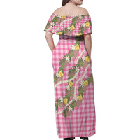 Aloha Puakenikeni Anthurium Pikake Lei Family Matching Off Shoulder Maxi Dress and Hawaiian Shirt Tropical Pink Hawaiian Palaka Pattern