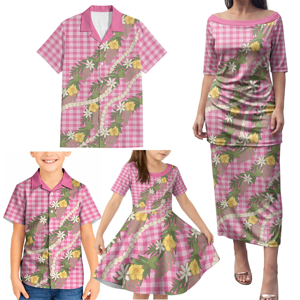 Aloha Puakenikeni Anthurium Pikake Lei Family Matching Puletasi and Hawaiian Shirt Tropical Pink Hawaiian Palaka Pattern LT9 - Polynesian Pride