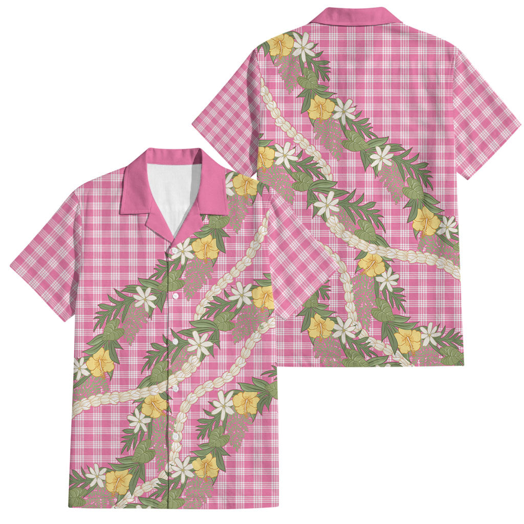 Aloha Puakenikeni Anthurium Pikake Lei Family Matching Puletasi and Hawaiian Shirt Tropical Pink Hawaiian Palaka Pattern LT9 Dad's Shirt - Short Sleeve Pink - Polynesian Pride