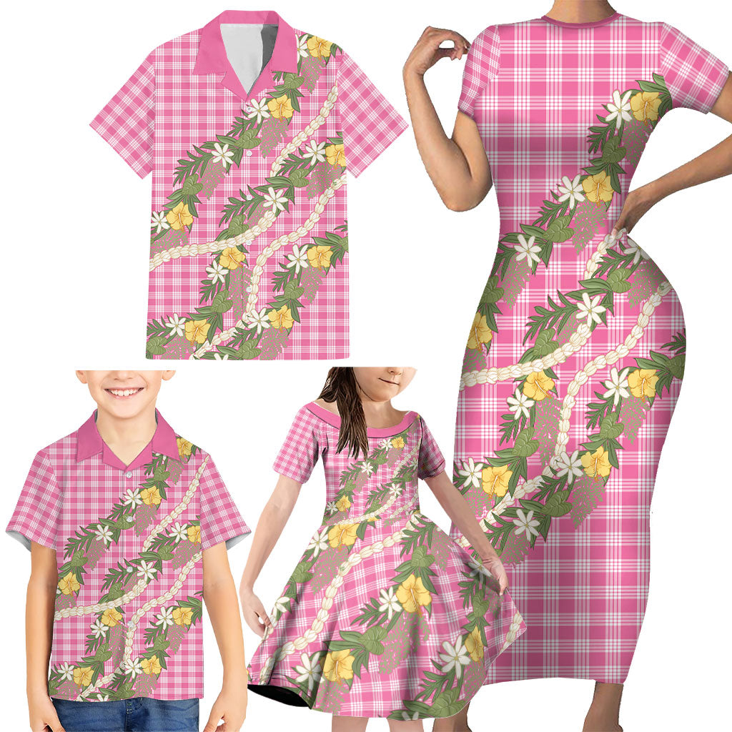 Aloha Puakenikeni Anthurium Pikake Lei Family Matching Short Sleeve Bodycon Dress and Hawaiian Shirt Tropical Pink Hawaiian Palaka Pattern