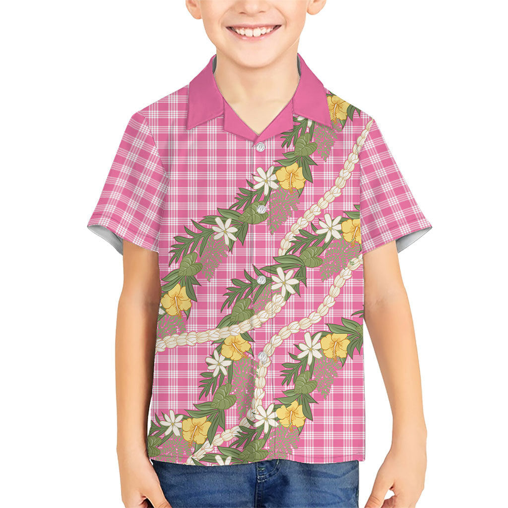 Aloha Puakenikeni Anthurium Pikake Lei Family Matching Short Sleeve Bodycon Dress and Hawaiian Shirt Tropical Pink Hawaiian Palaka Pattern