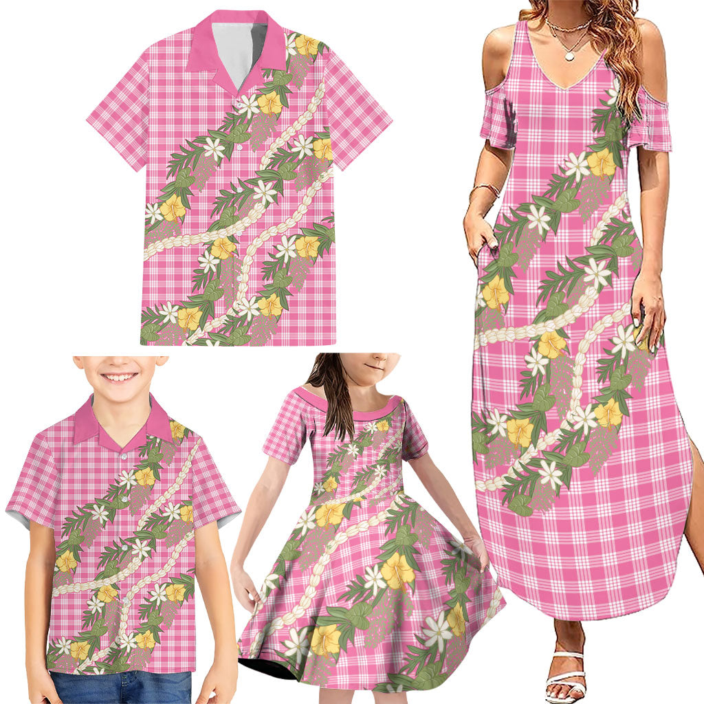 Aloha Puakenikeni Anthurium Pikake Lei Family Matching Summer Maxi Dress and Hawaiian Shirt Tropical Pink Hawaiian Palaka Pattern