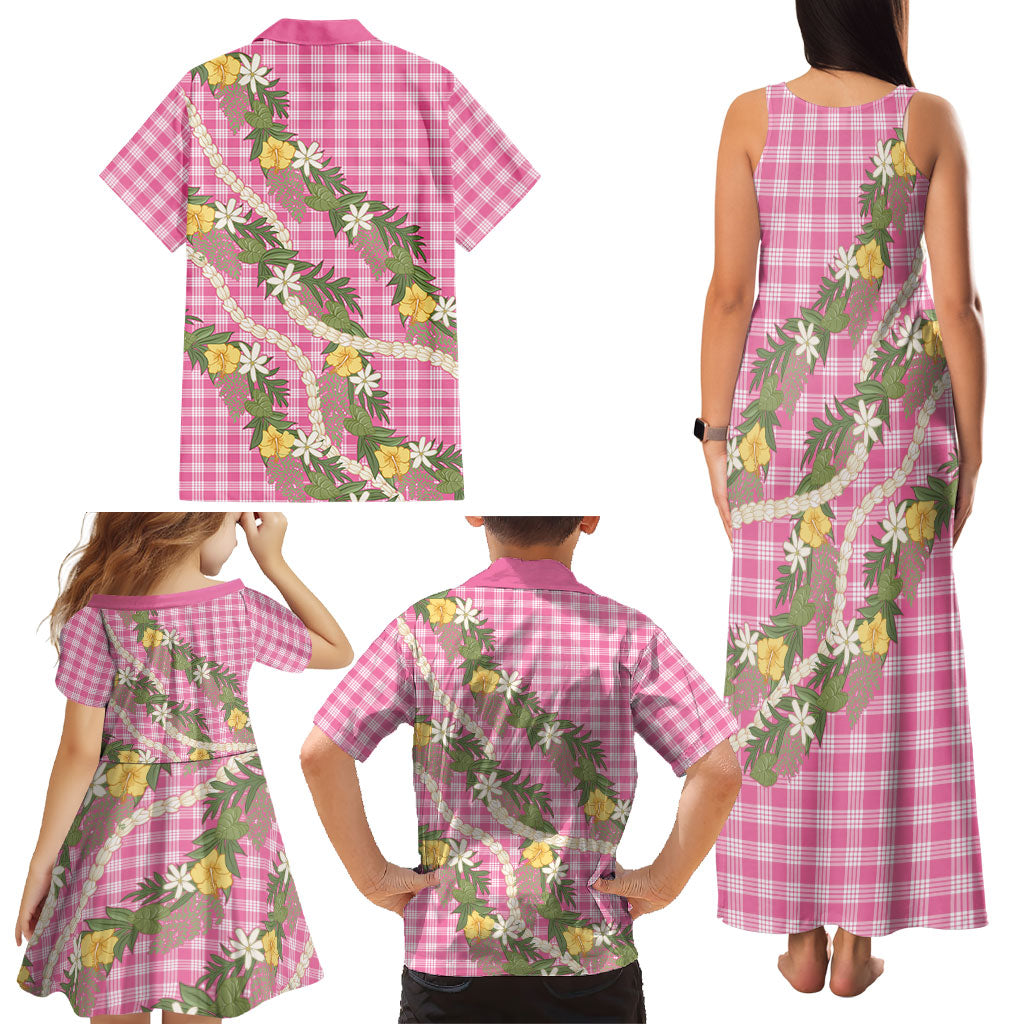 Aloha Puakenikeni Anthurium Pikake Lei Family Matching Tank Maxi Dress and Hawaiian Shirt Tropical Pink Hawaiian Palaka Pattern