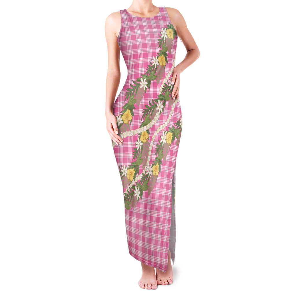 Aloha Puakenikeni Anthurium Pikake Lei Family Matching Tank Maxi Dress and Hawaiian Shirt Tropical Pink Hawaiian Palaka Pattern