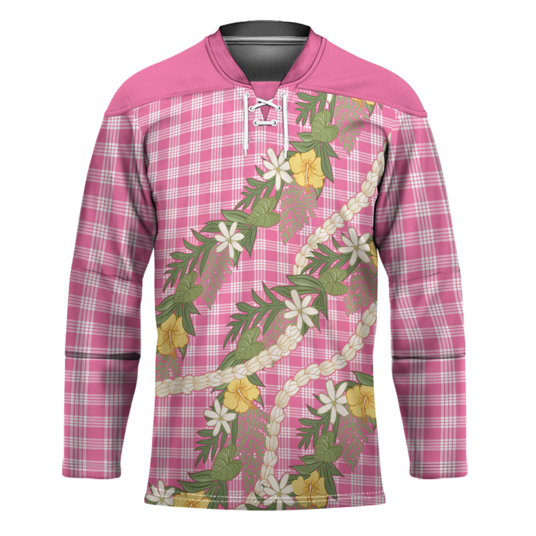 Aloha Puakenikeni Anthurium Pikake Lei Hockey Jersey Tropical Pink Hawaiian Palaka Pattern LT9 Unisex Pink - Polynesian Pride