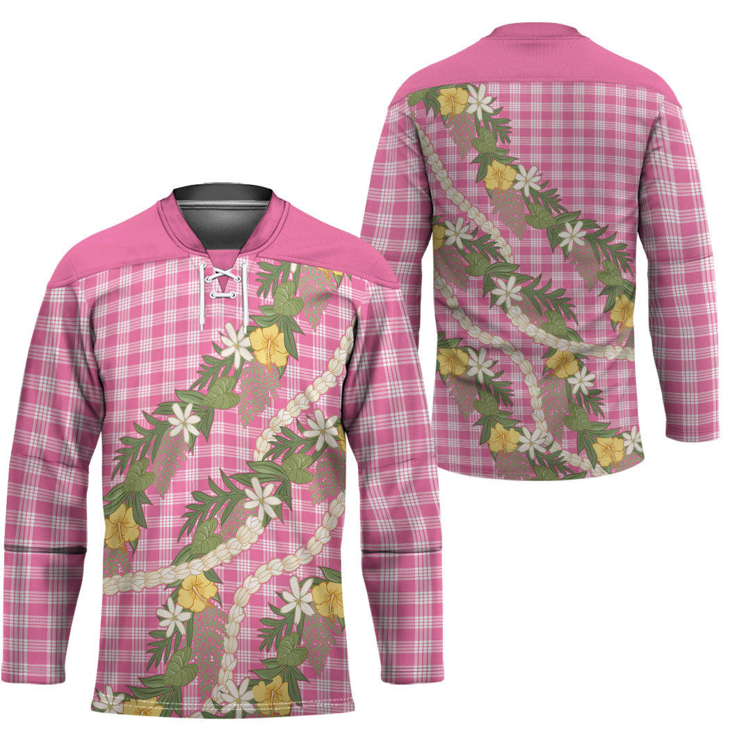 Aloha Puakenikeni Anthurium Pikake Lei Hockey Jersey Tropical Pink Hawaiian Palaka Pattern LT9 - Polynesian Pride