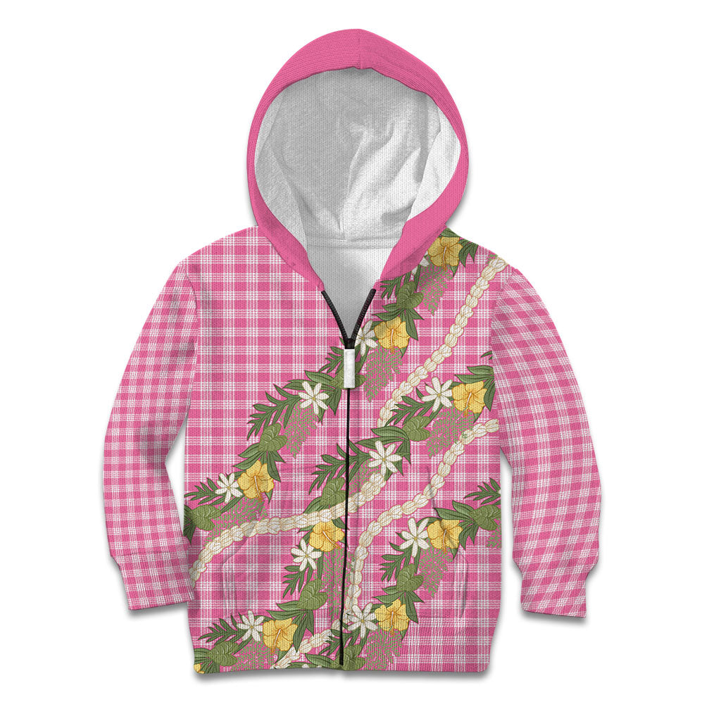 Aloha Puakenikeni Anthurium Pikake Lei Kid Hoodie Tropical Pink Hawaiian Palaka Pattern LT9 Zip Hoodie Pink - Polynesian Pride