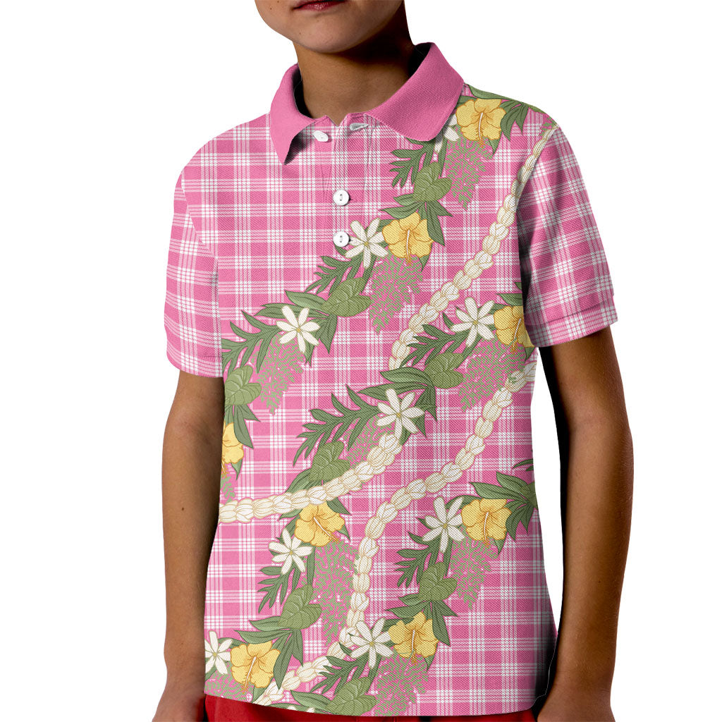 Aloha Puakenikeni Anthurium Pikake Lei Kid Polo Shirt Tropical Pink Hawaiian Palaka Pattern LT9 Kid Pink - Polynesian Pride