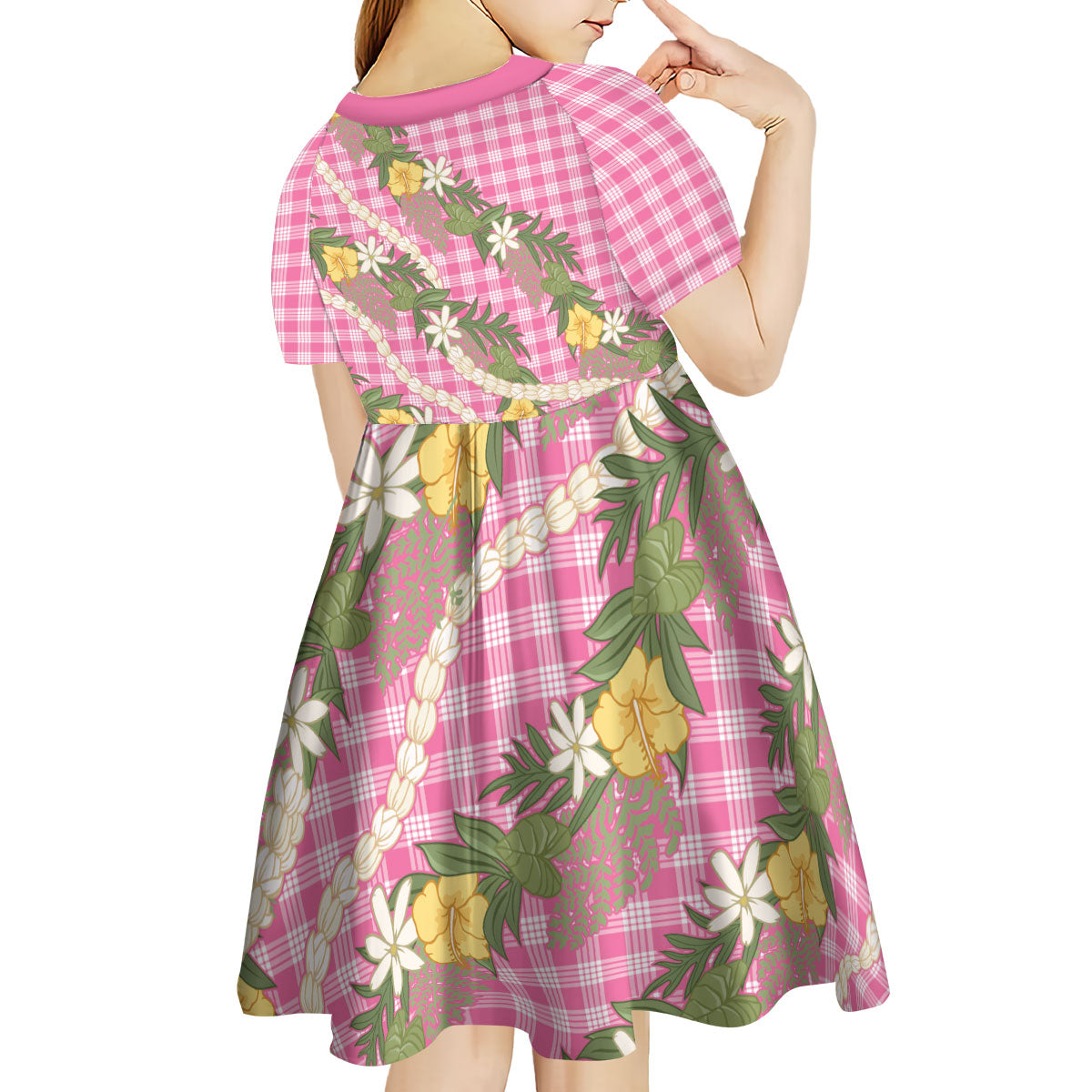Aloha Puakenikeni Anthurium Pikake Lei Kid Short Sleeve Dress Tropical Pink Hawaiian Palaka Pattern LT9 - Polynesian Pride