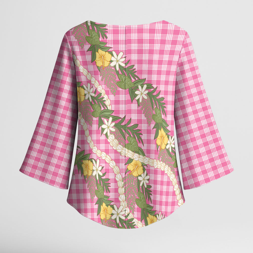 Aloha Puakenikeni Anthurium Pikake Lei Kimono Sleeve Blouse Tropical Pink Hawaiian Palaka Pattern LT9 - Polynesian Pride