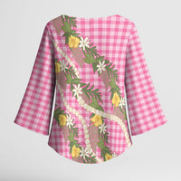 Aloha Puakenikeni Anthurium Pikake Lei Kimono Sleeve Blouse Tropical Pink Hawaiian Palaka Pattern LT9 - Polynesian Pride