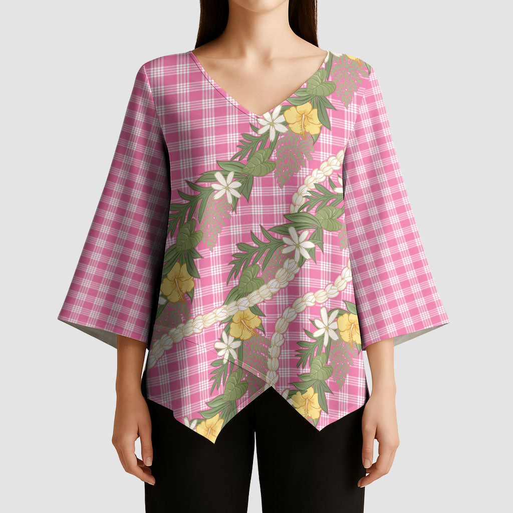 Aloha Puakenikeni Anthurium Pikake Lei Kimono Sleeve Blouse Tropical Pink Hawaiian Palaka Pattern LT9 - Polynesian Pride