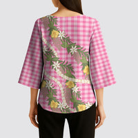 Aloha Puakenikeni Anthurium Pikake Lei Kimono Sleeve Blouse Tropical Pink Hawaiian Palaka Pattern LT9 - Polynesian Pride