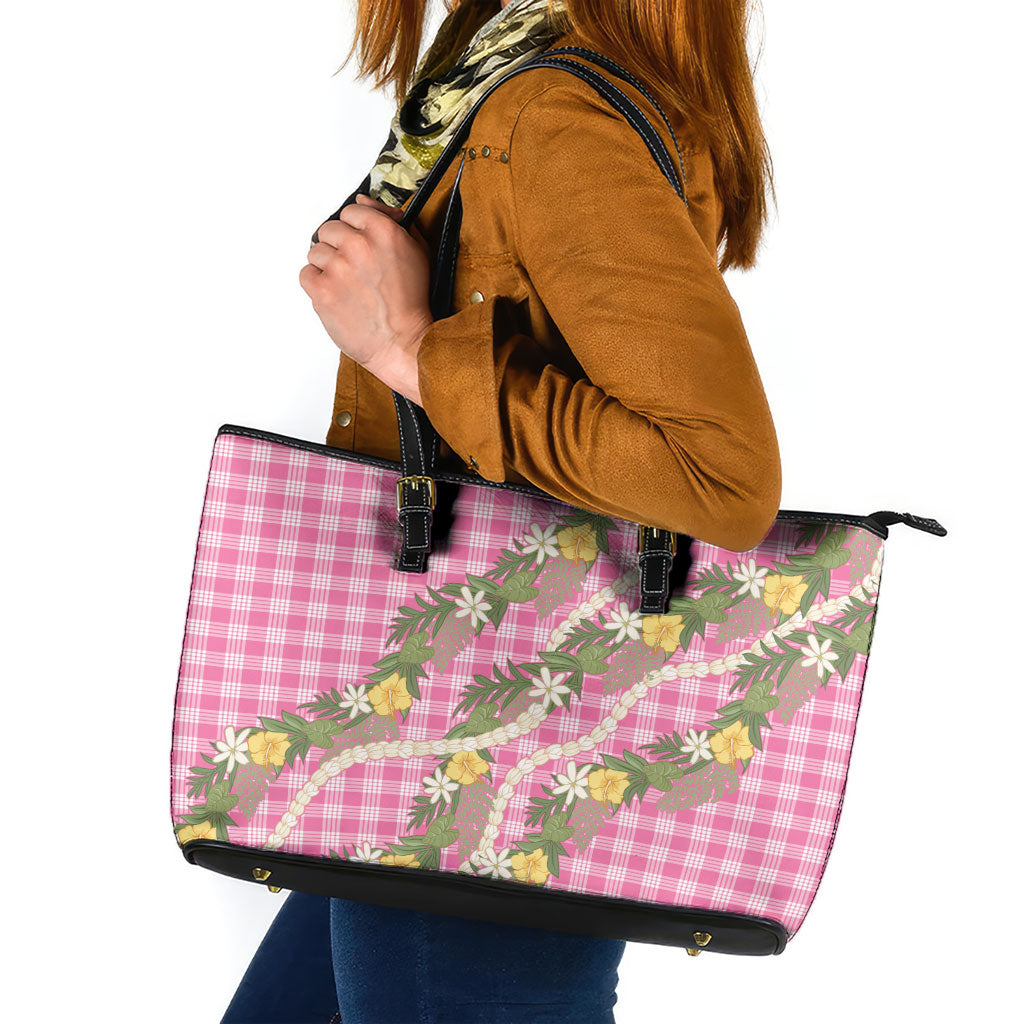 Aloha Puakenikeni Anthurium Pikake Lei Leather Tote Bag Tropical Pink Hawaiian Palaka Pattern LT9 Pink - Polynesian Pride