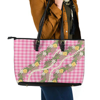 Aloha Puakenikeni Anthurium Pikake Lei Leather Tote Bag Tropical Pink Hawaiian Palaka Pattern LT9 - Polynesian Pride