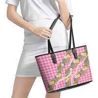 Aloha Puakenikeni Anthurium Pikake Lei Leather Tote Bag Tropical Pink Hawaiian Palaka Pattern LT9 - Polynesian Pride